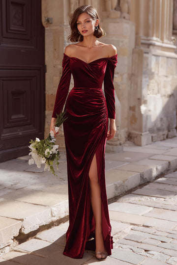 Burgundy Sheath Off the Shoulder Long Bridesmaid Dress with Slit
